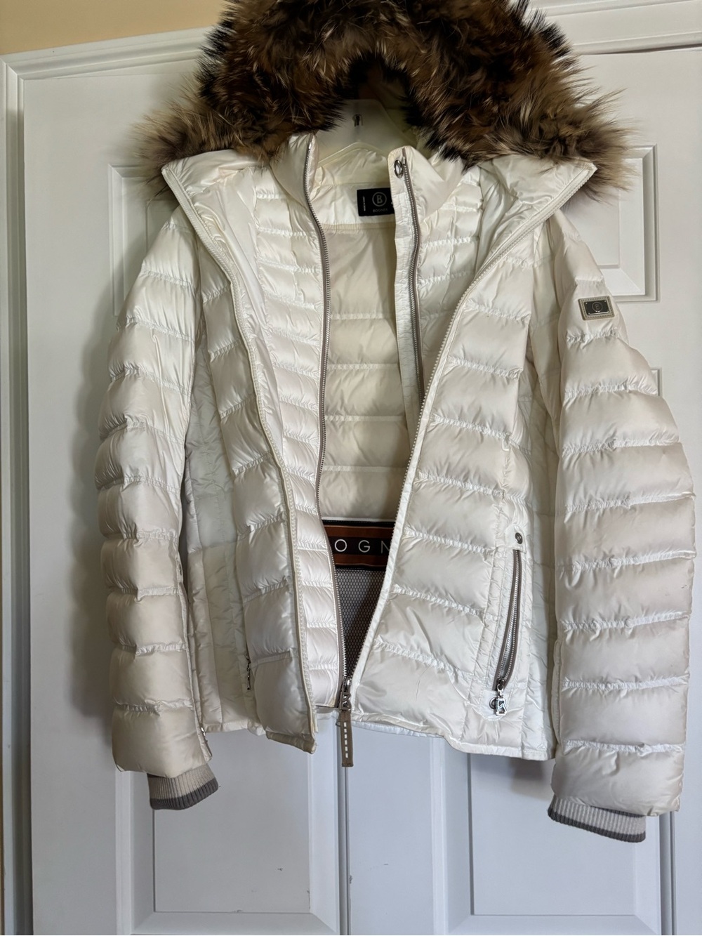 Bogner Cream Quilted Puffer Jacket with Raccoon Fur Trim Hood